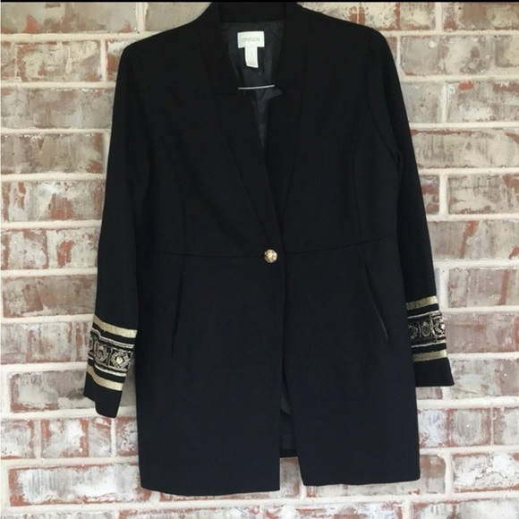 Chico's Black and Gold Blazer with Ornate Sleeve Trim - Picture 1 of 11
